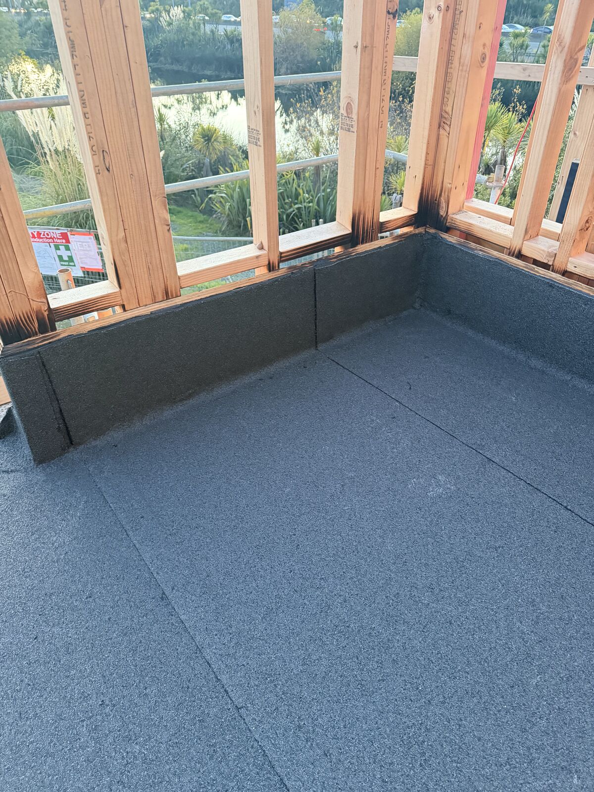 Torch-on waterproofing Manukau — new build framing above waterproofed Nuraply 3PM deck